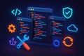 3D illustration of software development icons including code windows, tools, and cloud symbols coding Royalty Free Stock Photo