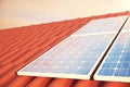 3D illustration solar panels on a red roff, power generation technology. Alternative energy. Solar battery panel modules