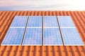 3D illustration solar panels on a red roff, power generation technology. Alternative energy. Solar battery panel modules Royalty Free Stock Photo