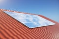 3D illustration solar panels on a red roof of a house. Solar panels with reflection beautiful blue sky. Concept of Royalty Free Stock Photo