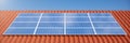 3D illustration solar panels on a red roof of a house. Solar panels with reflection beautiful blue sky. Concept of Royalty Free Stock Photo