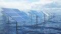 3D illustration solar panels in the sea or ocean. Alternative energy. Concept of renewable energy. Ecological, clean