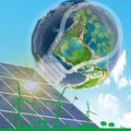 3 d illustration of solar panels and wind turbines