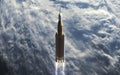 3D illustration of Spaceship launch from Earth. Mission to Moon. SLS space rocket. Orion spacecraft. Artemis space program to Royalty Free Stock Photo