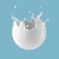 3d illustration, spherical milk splash isolated on blue background. White paint splashing. Round liquid clip art