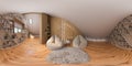 3d illustration 360 spherical panorama interior design lounge area of the attic floor in a private cottage Royalty Free Stock Photo