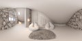 3d illustration 360 spherical panorama interior design lounge area of the attic floor in a private cottage