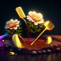 3d illustration of spoon and fork with flower in the sand. generative AI Royalty Free Stock Photo