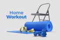 3D illustration sport fitness equipment, stay home concept, yoga mat, dumbbells on the white isolated background