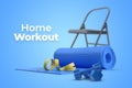 3D illustration sport fitness equipment, stay home concept, yoga mat, dumbbells on the blue isolated background