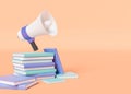 3d illustration with stack of books and loudspeaker