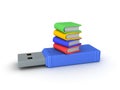 3D illustration of a stack of books on top of a giant USB stick Royalty Free Stock Photo