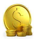 3D illustration of stack of coins and huge gold dollar. Financial consulting, investment and savings