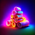 3d illustration of a stack of rolled yoga mats in neon light generative AI