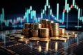 3D illustration Stacks of coins against stock market graph backdrop