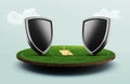 3D illustration of stadium of Cricket with shield emblem on pitch and VS versus