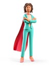 3D illustration of standing african american businesswoman in superhero cape with arms crossed.