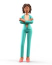 3D illustration of standing african american woman with arms crossed. Portrait of cartoon smiling elegant businesswoman