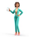3D illustration of standing african american woman holding smartphone and showing at blank screen.