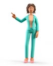 3D illustration of standing african american woman pointing finger at direction. Portrait of cartoon smiling elegant businesswoman