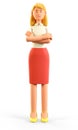 3D illustration of standing beautiful blonde woman with crossed arms. Portrait of cartoon smiling elegant attractive businesswoman