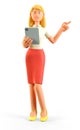 3D illustration of standing beautiful blonde woman holding tablet and pointing finger at direction. Royalty Free Stock Photo
