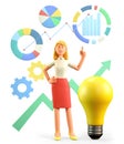 3D illustration of standing beautiful blonde woman with huge bulb pointing finger at charts, diagrams, infographics and graph