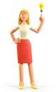 3D illustration of standing beautiful blonde woman pointing finger at bulb. Cute cartoon smiling attractive businesswoman