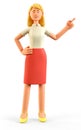 3D illustration of standing beautiful blonde woman pointing finger at direction.