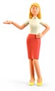 3D illustration of standing beautiful blonde woman pointing hand at direction. Cute cartoon smiling attractive businesswoman Royalty Free Stock Photo