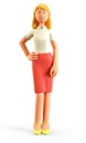 3D illustration of standing beautiful blonde woman. Portrait of cartoon smiling elegant attractive businesswoman in red skirt