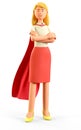 3D illustration of standing beautiful blonde woman in superhero cape with crossed arms.