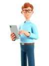 3D illustration of standing happy man holding tablet. Close up portrait of cute cartoon smiling businessman using gadget