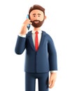 3D illustration of standing happy man talking on the phone. Close up portrait of cute smiling bearded businessman using smartphone