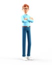 3D illustration of standing man with arms crossed. Portrait of cartoon smiling male character