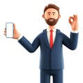 3D illustration of standing man holding smartphone with blank screen. Close up portrait of cartoon smiling businessman with phone