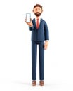 3D illustration of standing man holding smartphone and showing blank screen. Cartoon smiling businessman Royalty Free Stock Photo