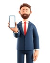 3D illustration of standing man holding smartphone and showing blank screen. Close up portrait of cartoon smiling businessman Royalty Free Stock Photo