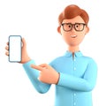 3D illustration of standing man holding smartphone and showing blank screen. Close up portrait of cartoon smiling businessman Royalty Free Stock Photo