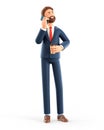 3D illustration of standing man talking on the phone. Cute businessman using smartphone and holding coffee cup.