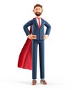 3D illustration of standing powerful man in superhero cape. Portrait of cartoon smiling bearded super business hero. Royalty Free Stock Photo