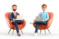 3D illustration of startup concept and business teamwork. Two happy men with laptops sitting in armchairs. Cartoon businessmen.