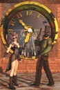 3D steampunk couple on clock tower