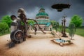 3D illustration of a steampunk pavilion building with airship flying above in grey cloudy sky