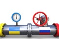 3D illustration: steel gas pipe with flags of Ukraine and Russia with a red valve and a blue pressure gauge on white background. P