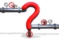 3D illustration: Steel gas pipe in the shape of a red question mark with the valve and pressure gauge on white background. Problem