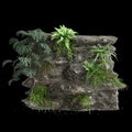 3d illustration of stone tree and waterfall isolated on black background