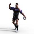 3D Illustration of stylized rugby character Player fist pumps the air as he celebrates scoring a try or winning the match