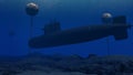 3D Illustration of a submarine passing through a minefield Royalty Free Stock Photo