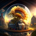 3d illustration of a sunflower in a crystal ball with a village in the background AI generated